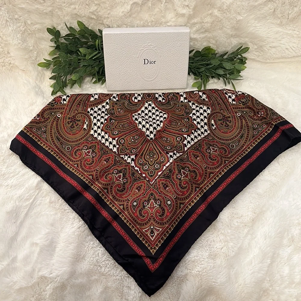 DIOR Christian Dior silk houndstooth scarf comes with Dior box/tissue Authentic